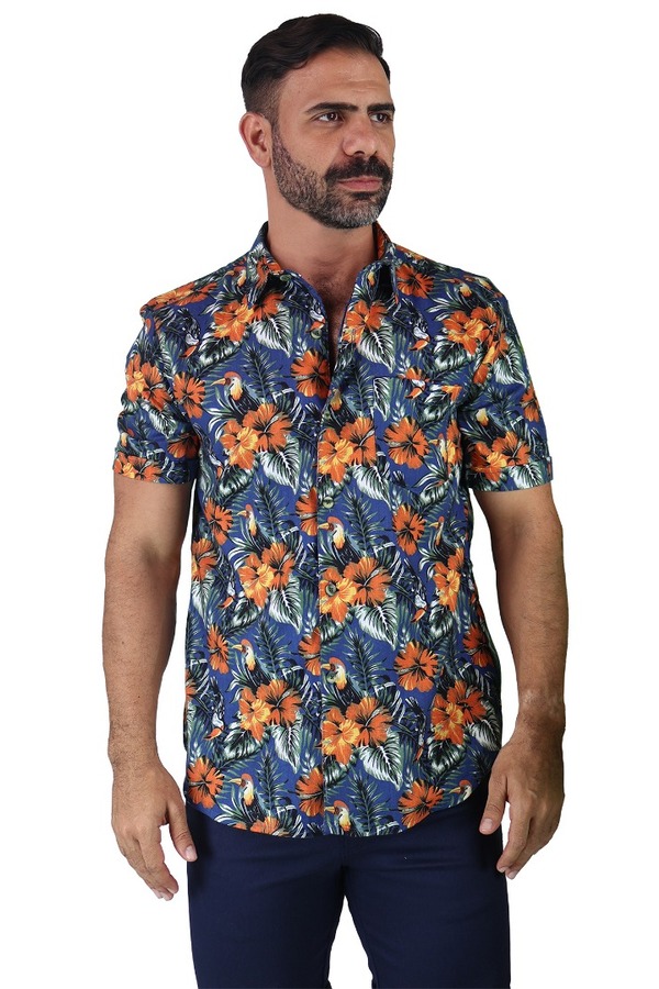Camisa Manga Corta Estampado Tropical Slim Fit Para Caballero